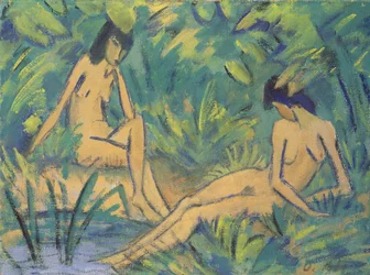 Mädchen sitzen am Wasser, ca. 1920